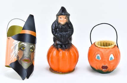 BETHANY LOWE (ATTR.) JACK-O-LANTERN NUT CUP, JAPANESE (ATTR.) WITCH ON PUMPKIN CANDY CONTAINER,