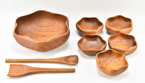 MIDCENTURY THAI FLOWER-FORM BOWLS, SERVING BOWL, & SALAD SERVING UTENSILS