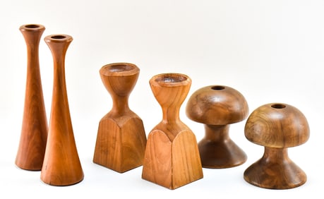 THREE SETS OF VINTAGE CANDLESTICKS TEAK, DANSK & OTHER