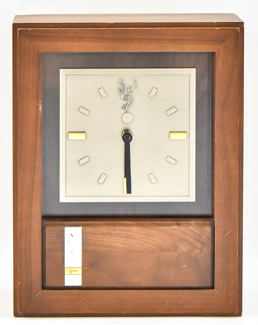 JOSTEN'S DANISH MODERN STYLE RECOGNITION MANTLE CLOCK: Vintage Josten's Danish modern style recognition wall clock, measuring 13"H x 10"W x 4.25"D, circa 1980s.