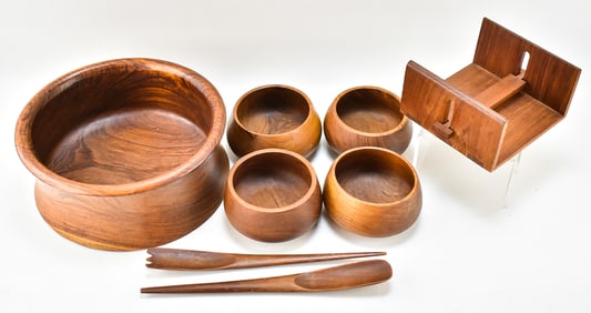 VINTAGE KALMAR TEAKWOOD THAI BOWLS, SALAD SERVING UTENSILS, & NAPKIN HOLDER