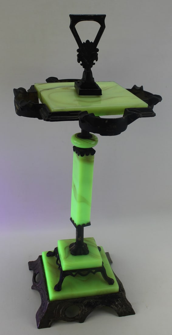 ART DECO CAST IRON & URANIUM SLAG GLASS SMOKING STAND (1 of 6)