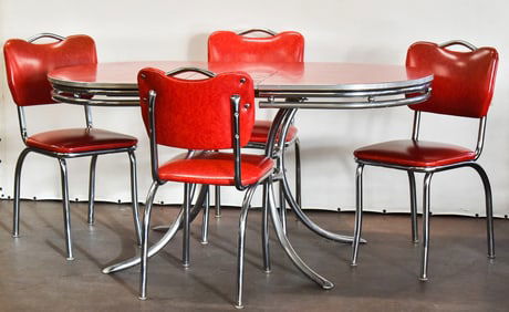 DOUGLAS CORPORATION RED FORMICA & CHROME 'KITCHEN MASTER' DINETTE TABLE WITH FOUR CHAIRS