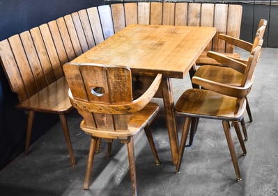 FRENCH RUSTIC MID-CENTURY FIVE-PIECE OAK KITCHEN DINING SET