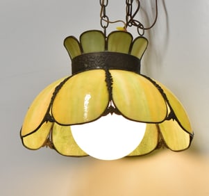 VINTAGE GREEN SLAG GLASS HANGING TULIP LIGHT