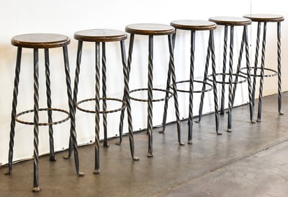 SET OF SIX FRENCH WROUGHT IRON BAR STOOLS