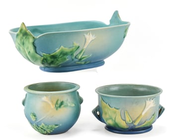 ROSEVILLE POTTERY THORNAPPLE CONSOLE BOWL #311-12, FERN DISH #262-5, & JARDINIERE #638-4