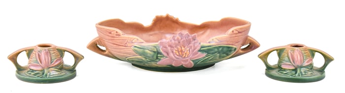 ROSEVILLE POTTERY WATER LILY CONSOLE BOWL #441-10 & CANDLEHOLDERS #1154-2