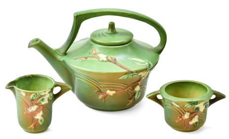 ROSEVILLE POTTERY SNOWBERRY TEAPOT #1-TP, CREAM #1-C & SUGAR #1-S