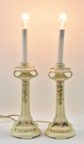 WELLER CREAMWARE 'ROMA' CERAMIC CANDLESTICK PAIR