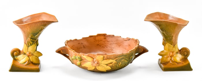 ROSEVILLE POTTERY CLEMATIS CONSOLE BOWL #457-8 & CORNUCOPIA VASES #190-6