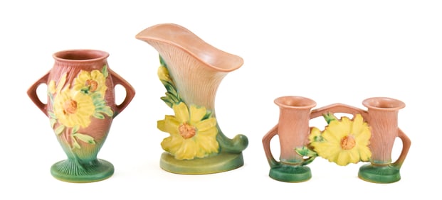 ROSEVILLE POTTERY PEONY DOUBLE VASE #167-4 1/2, HANDLED VASE #61-7, & CORNUCOPIA #171-8