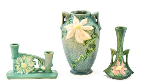 ROSEVILLE POTTERY CLEMATIS VASE #110-9, BUD VASE #187-7, & PEONY CANDLE HOLDER #1153