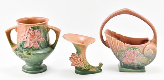 ROSEVILLE POTTERY WATER LILY VASE #175-8, BASKET #381-10, & CORNUCOPIA #176-6