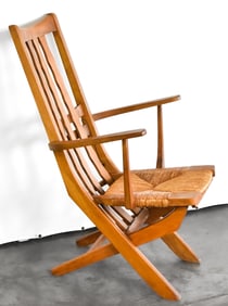 MID-CENTURY FRENCH MODERNIST FOLDING OAK & RUSH GARDEN CHAIR