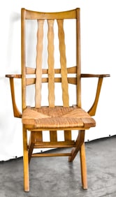 MID-CENTURY FRENCH MODERNIST FOLDING OAK & RUSH GARDEN CHAIR