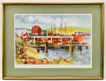 HARBOR SCENE SIGNED LITHOGRAPH BY HILDA CHANCELLOR POPE