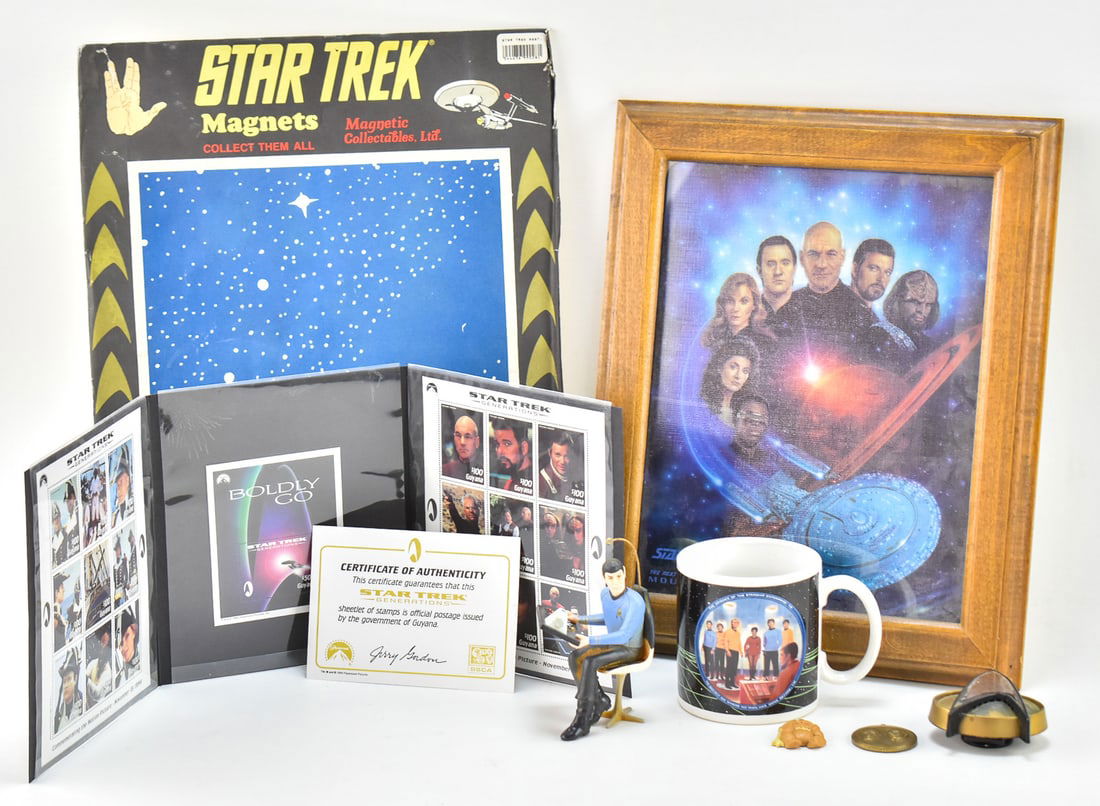 COLLECTION OF STAR TREK MEMORABILIA: A collection of vintage Star Trek television show items includes a Spock figurine, Generations Stamp Collection, framed mouse pad measuring 14" H x 11" W x 1" D, magnetic board display, mug, communica