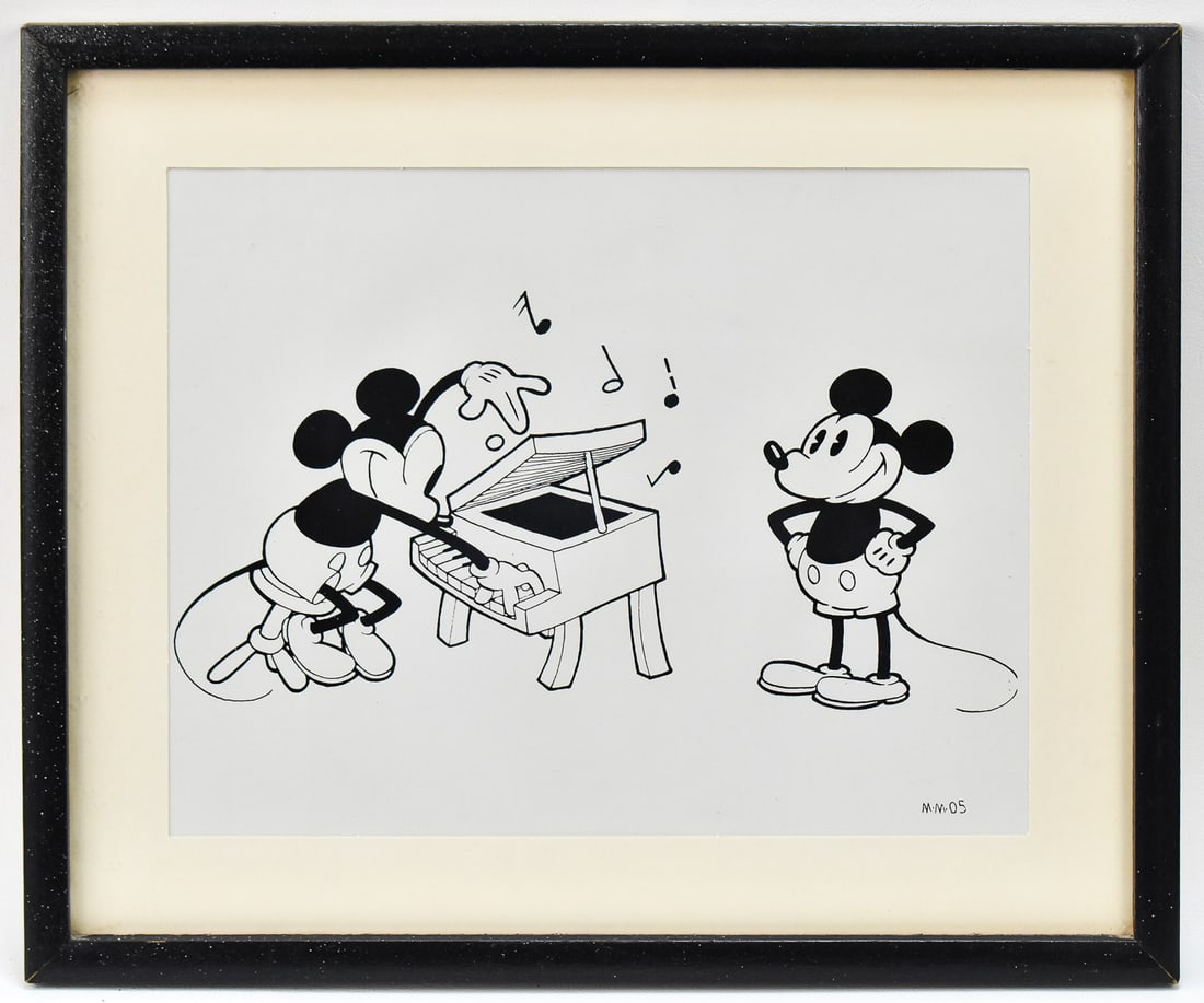 MICKEY MOUSE 'THE OPRY HOUSE' DISNEY CELL ART: Disney cell art featuring Mickey Mouse from the 1929 animated short film "The Opry House", marked MM-05, lower right. Art measures 9.5" H x 11.5" W presented in a frame measuring 11" H x 13" W x 1" D.