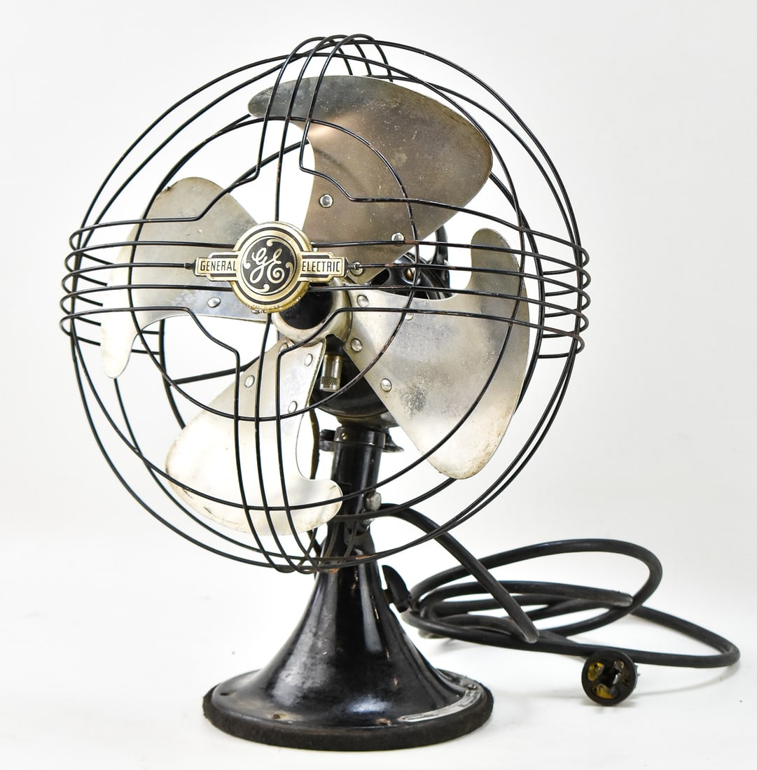 1940s GENERAL ELECTRIC FAN VORTALEX DESK FAN: A circa 1940s General Electric "Vortalex" desk fan, measuring 18" H x 14" W x 12" D.