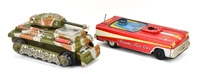 1950s-60s T.N. NOMURA JAPAN TIN LITHO 'ATOMIC FIRE CAR' & 'M-X TANK'