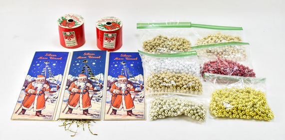 VINTAGE CHRISTMAS DECORATIONS: BEADED GARLANDS, CLEO WRAP CORPORATION WREATH BOW RIBBONS, & MORE