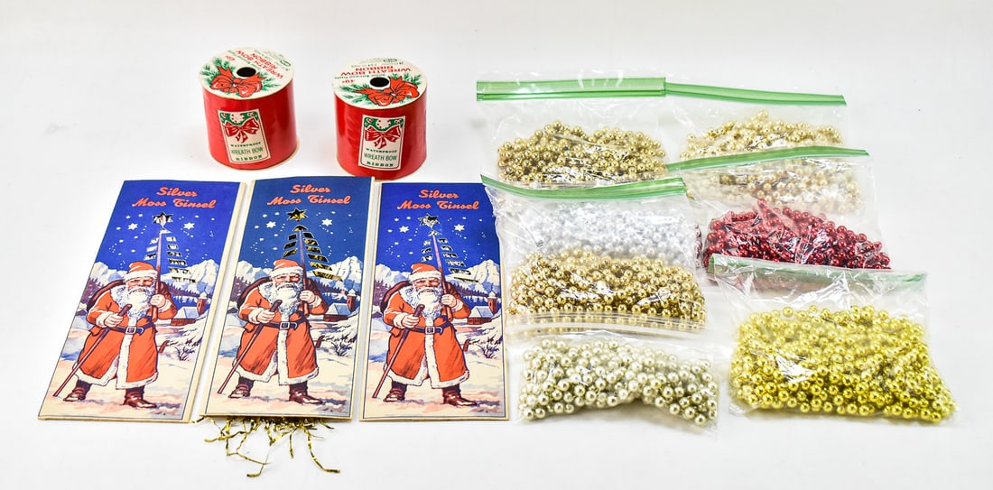 VINTAGE CHRISTMAS DECORATIONS: BEADED GARLANDS, CLEO WRAP CORPORATION WREATH BOW RIBBONS, & MORE (1 of 2)