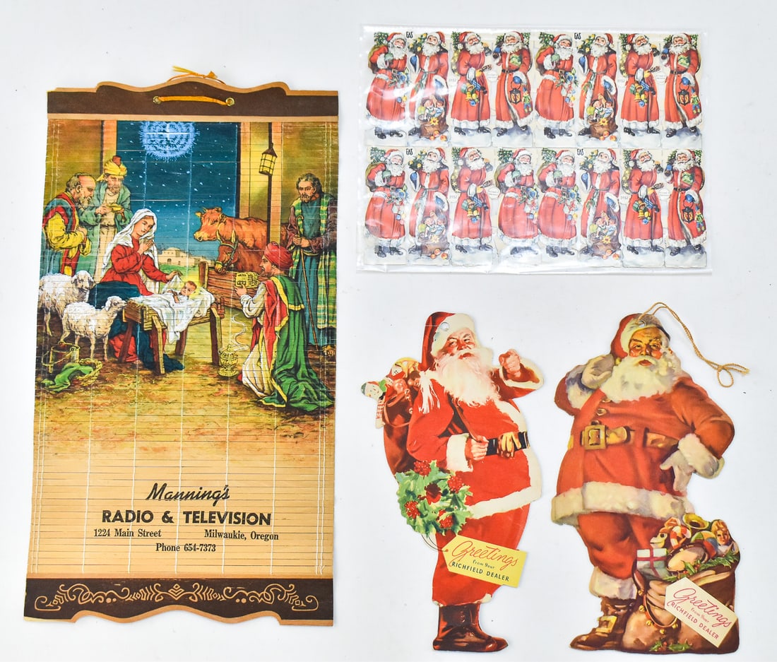 VINTAGE CHRISTMAS ADVERTISEMENTS & SCRAP SHEET: RICHFIELD OIL, MANNING'S RADIO & TELEVISION, & MORE: This lot incudes two Richfield Oil dealer Santa Claus lithograph dual-sided advertisements circa 1940-1960s, Manning's Radio & Television Milwaukie, Oregon hanging wooden slat advertisement featur