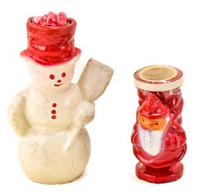 VINTAGE CHRISTMAS SNOWMAN CANDY CONTAINER & PULP SANTA CLAUS CANDY CONTAINER