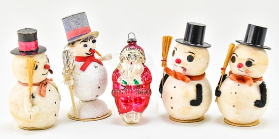 VINTAGE CHRISTMAS DECORATIONS: SPUN COTTON SNOWMEN, JAPANESE BLOWN GLASS ORNAMENT