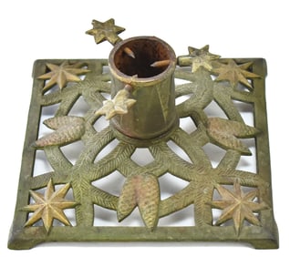 GERMAN CAST IRON CHRISTMAS TREE STAND FEATURING PINECONES & STARS; EARLY 1900s