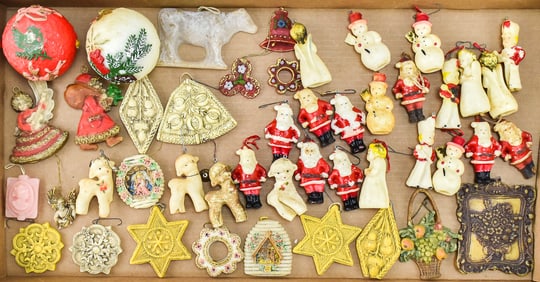 ASSORTED MIDCENTURY CHRISTMAS WAX TREE ORNAMENTS