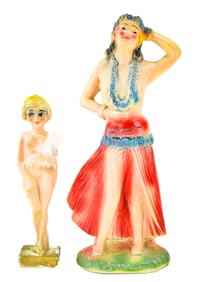 PAIR OF CHALKWARE 'NUDE' PIN-UP GIRLS HULA & OTHER