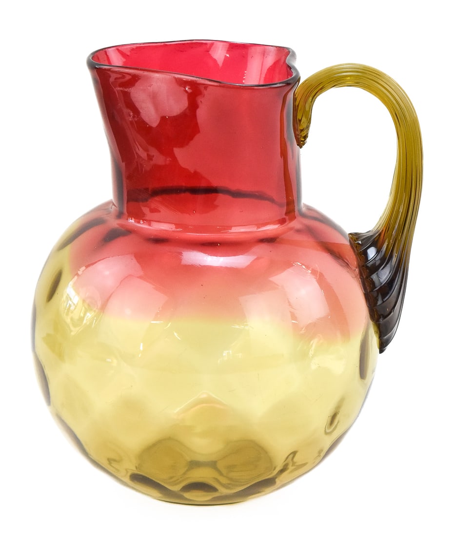 THOMAS WEBB & SONS SIGNED AMBERINA THUMBPRINT PITCHER: A Thomas Webb & Sons signed amberina thumbprint pitcher, circa late 19th century. The item measures 8.5" H, 6.5" W, 7.5" D.