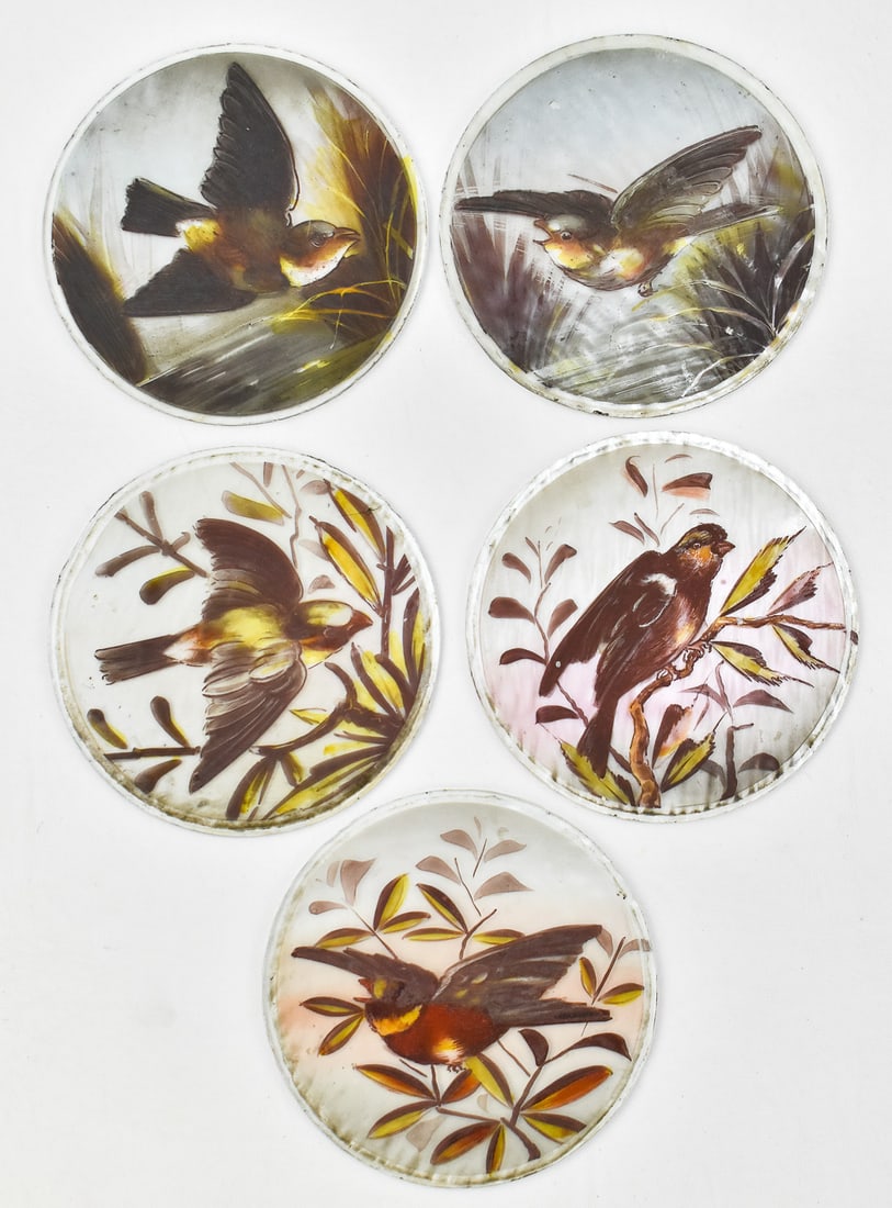 FIVE HAND-PAINTED SONG BIRD STAINED GLASS ROUNDELS (1 of 3)