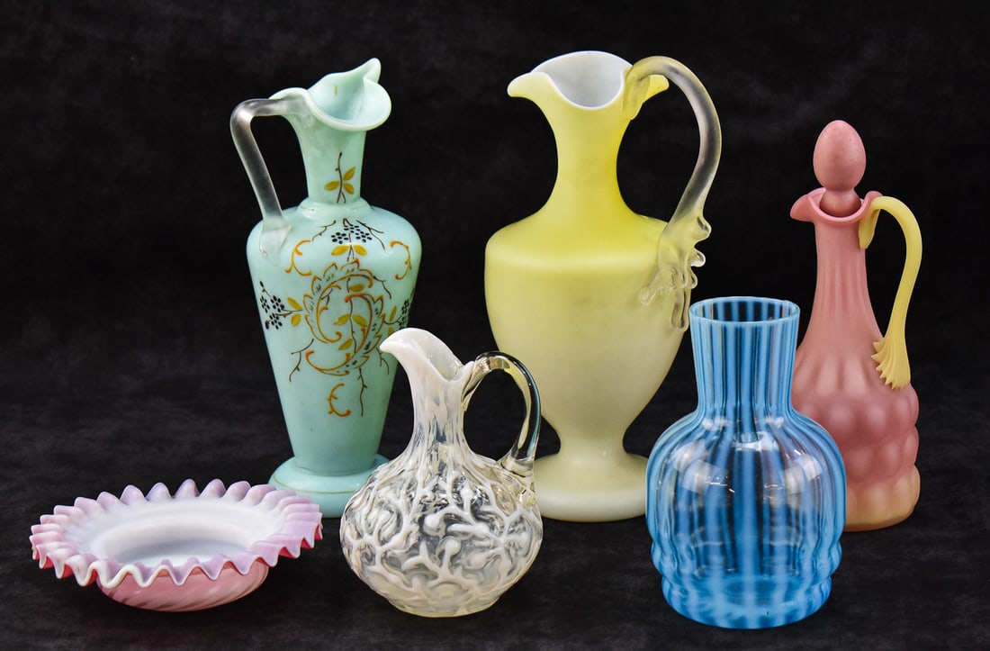 ASSORTED HAND-BLOWN ART GLASS EWERS, CRUETS, VASE, & TRINKET DISH (1 of 6)