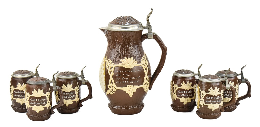 ANTIQUE METTLACH VILLEROY & BOCH #1028 'HARVEST' FIGURAL STONEWARE STEIN SET