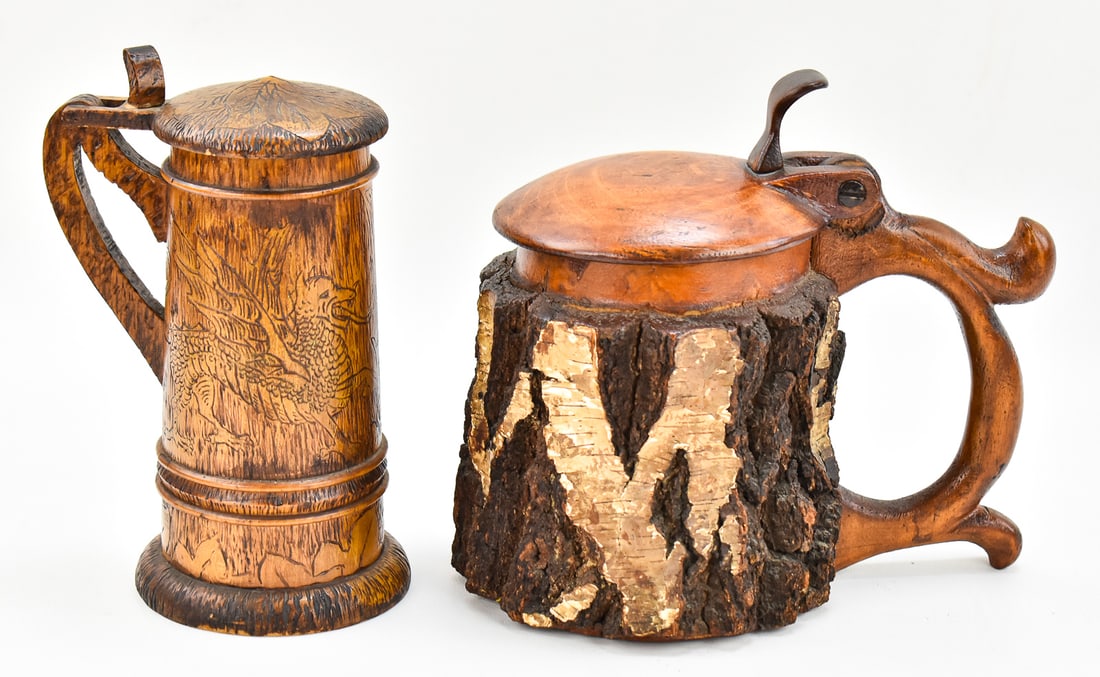 PAIR OF HAND-CARVED RUSTIC WOODEN STEINS (1 of 3)