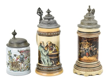 ANTIQUE PICTORIAL STONEWARE STEINS IN 1/2 L: METTLACH #1526/661 & MORE