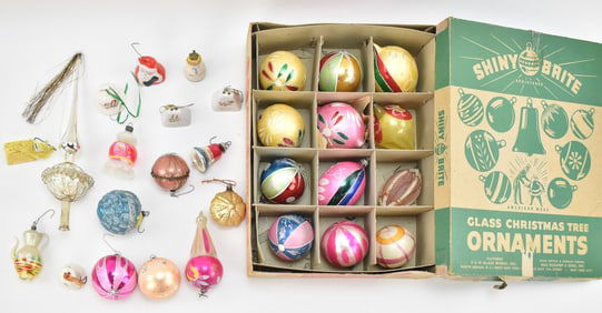 BOXED SET OF SHINY BRITE ORNAMENTS, A TREE TOPPER & MORE