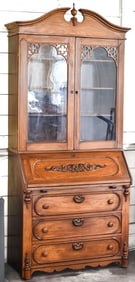 ANTIQUE WALNUT SECRETARY DESK WITH GLASS-TOPPED BOOKCASE