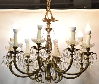 FRENCH ROCOCO STYLE GILT BRASS & CRYSTAL CHANDELIER; EARLY 20TH CENTURY
