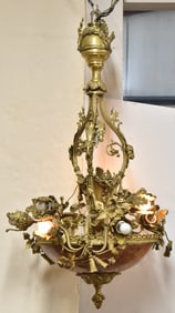 FRENCH LA BELLE EPOQUE GILT BRONZE & RED ALABASTER CHANDELIER