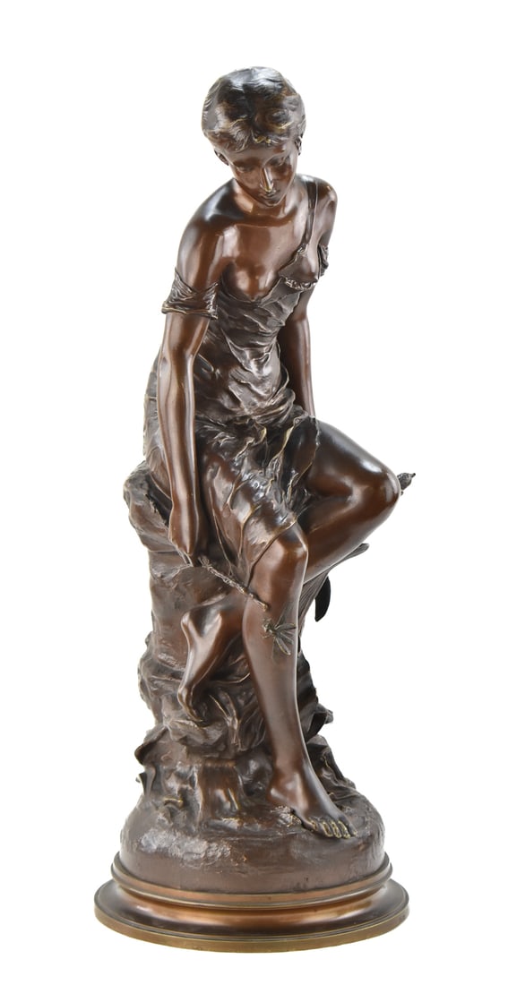 AFTER EDOUARD DROUOT (1859-1945) 'LIBELLULE' BRONZE SCULPTURE: "Libellule" a cast bronze sculpture after the original sculpture created by listed sculptor Eduoard Drouot of France (1859-1945). The sculpture is cast with Drouot's signature mark on the back. The sc