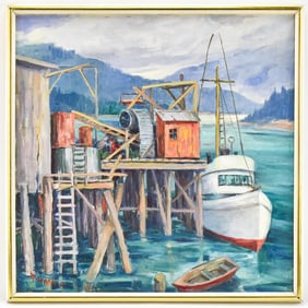 MAUDE WANKER 'FISHING BOATS' OIL PAINTING