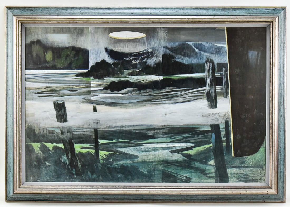 CARL HALL 'HOLE IN THE SKY' MIXED MEDIA ON BOARD: Original mixed media on board by listed Oregon artist, Carl Albin Hall (1921 - 1996), signed lower right and titled "Hole in the Sky". Art measures 22" H x 34" W presented in a fra