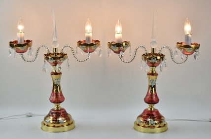 PAIR OF CZECH RUBY GLASS & GILT-ENAMEL CANDELABRA LAMPS