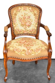 FRENCH LOUIS XV STYLE FLORAL NEEDLEPOINT MAHOGANY PARLOR CHAIR