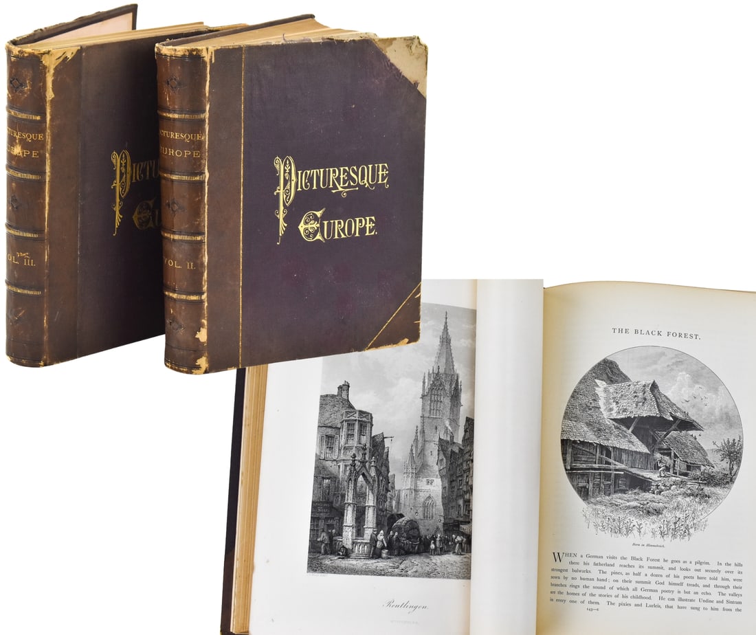 1879 BAYARD TAYLOR 'PICTURESQUE EUROPE'; VOL. II-III: This lot includes Bayard Taylor (editor) 1879 "Picturesque Europe" volumes II-III with gilt pages published by D. Appleton & Company. The item resting measures 2.5" H, 11" W, 13" D.