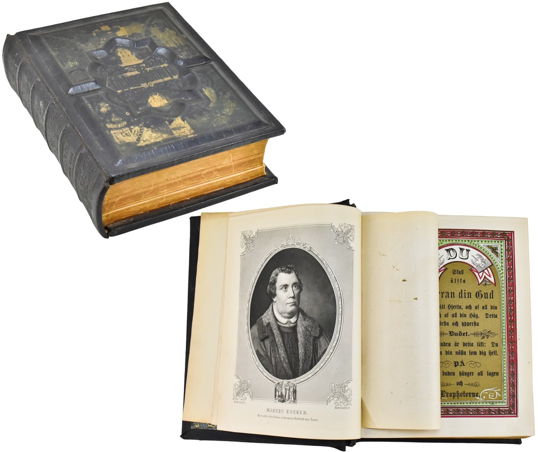 AMERICAN SWEDISH FAMILY BIBLE 'DEN HELIGA SKRIFT' WITH GUSTAVE DORE ILLUSTRATIONS: A highly embossed gilt leather American Swedish family bible "Den Heliga Skrift" with plates by Gustave Dore and translation by Hans Magnus Melin, and published by W.R. Vansant, circa 1889. The item r